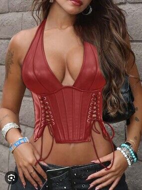 SHEIN Red Lace-Up Halter Corset Crop Top